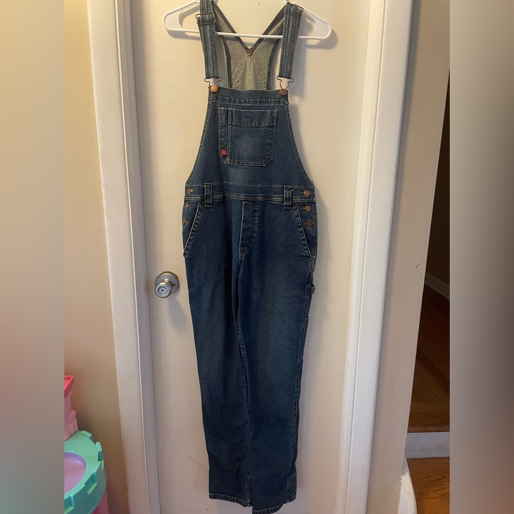 DICKIES WOMENS RELAXED FIT MEDIUM WASH DENIM BIB OVERALLS X-Small EUC